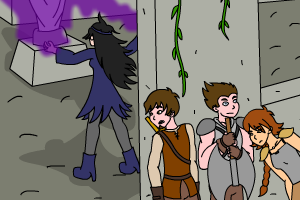 The adventurers hiding as Moriella powers a crystal